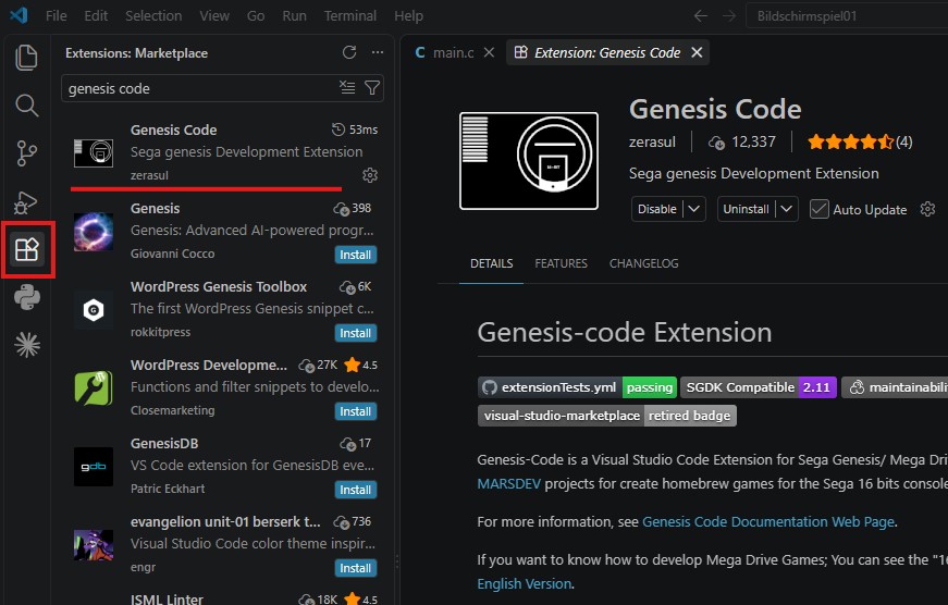 Erweiterungs-Marktplatz in Visual Studio Code mit der Suche nach Genesis Code und der Detailansicht der Erweiterung von zerasul