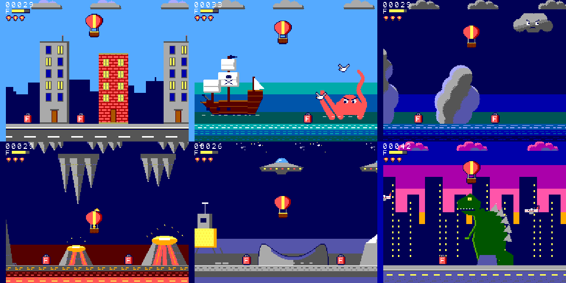 Übersicht über Szenen aus dem Spiel: Piratenschiff mit Kraken, Mond mit UFO, Höhle und New-York-Skyline