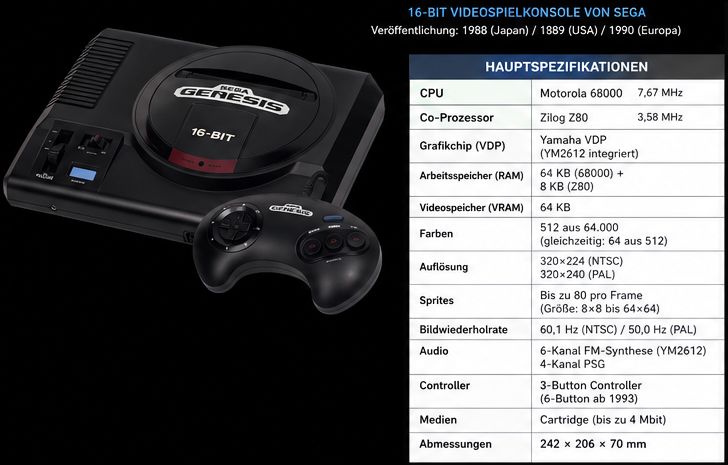 Sega Genesis, die US-Version des Mega Drive, mit 3-Button-Controller neben einer Tabelle der Hauptspezifikationen: Motorola 68000 mit 7,67 MHz, Zilog Z80 mit 3,58 MHz, 64 KB RAM plus 8 KB für den Z80, 64 KB VRAM, 512 Farben, Auflösung 320 x 224 bzw. 320 x 240