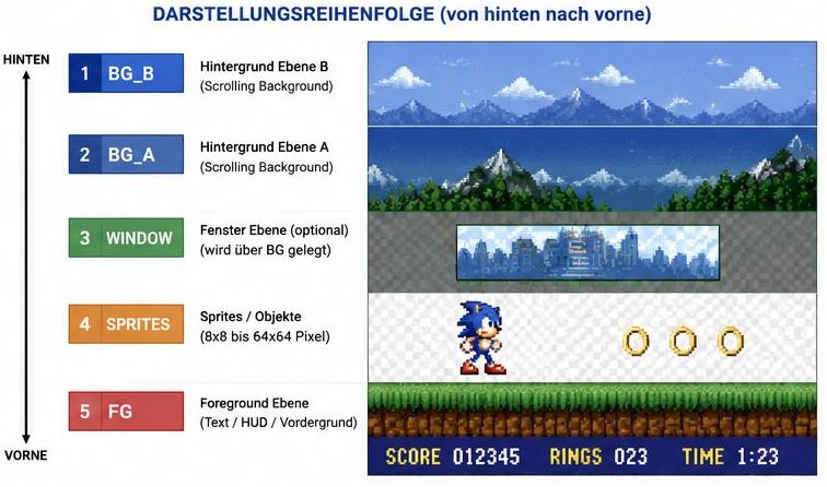 Darstellungsreihenfolge von hinten nach vorne am Beispiel Sonic: Hintergrund B, Hintergrund A, Fenster-Ebene, Sprites und Vordergrund mit Punkteanzeige