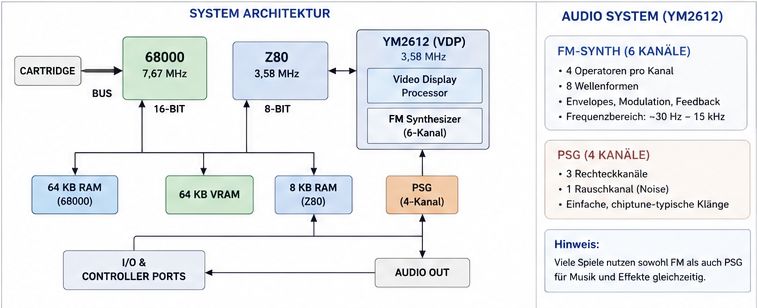 Blockschaltbild der Mega-Drive-Architektur mit Cartridge, 68000, Z80, Video- und Soundchips, den drei Speichern sowie I/O- und Audio-Ausgang, rechts eine Übersicht der FM- und PSG-Tonkanäle