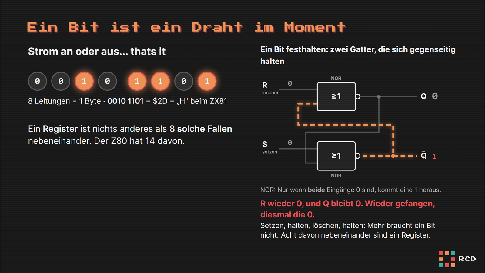 Vortragsfolie „Ein Bit ist ein Draht im Moment“: links acht Lampen als Bitmuster 0010 1101 mit der Erklärung, dass dies $2D und damit das H beim ZX81 ist, rechts ein RS-Latch aus zwei NOR-Gattern mit eingezeichnetem Rückkopplungspfad