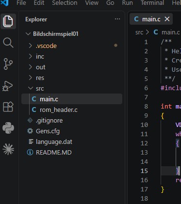Projektordner Bildschirmspiel01 im Explorer von Visual Studio Code mit den Unterordnern inc, out, res und src sowie geöffneter main.c
